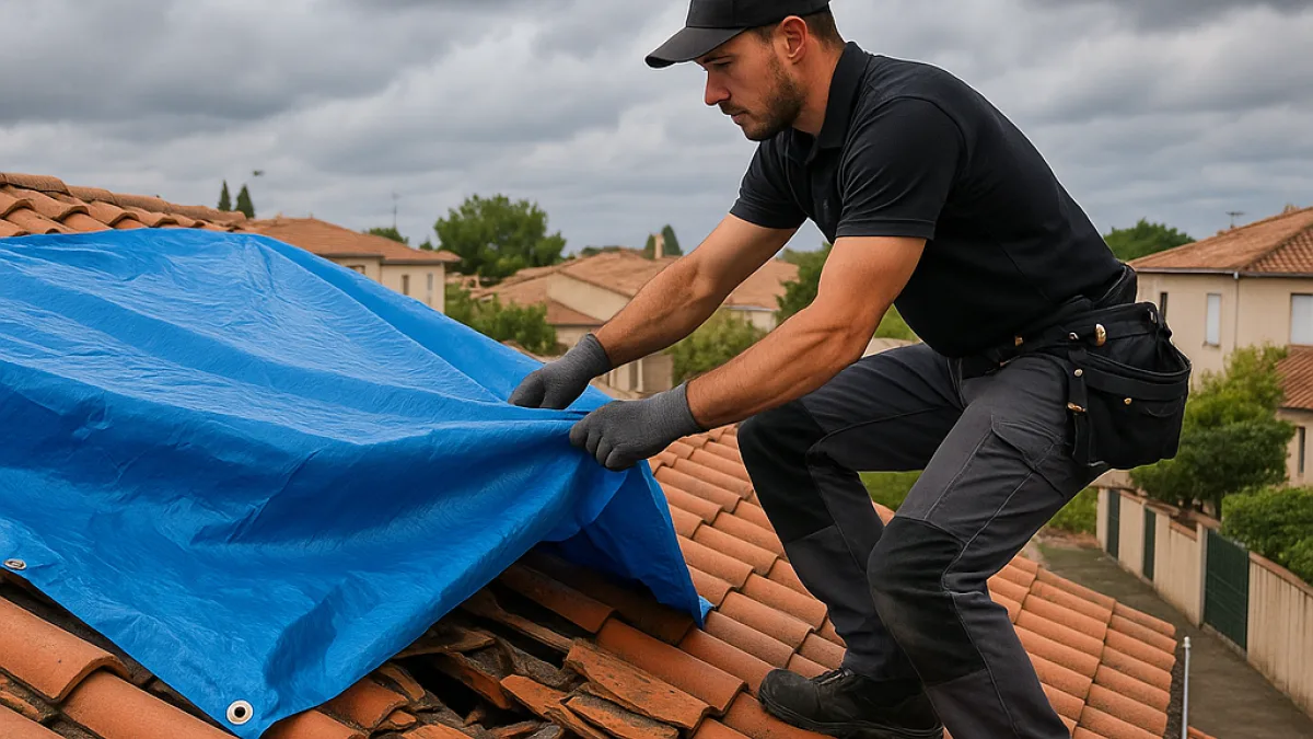 Couvreur à Montpellier installant une bâche pour sécuriser une toiture endommagée.